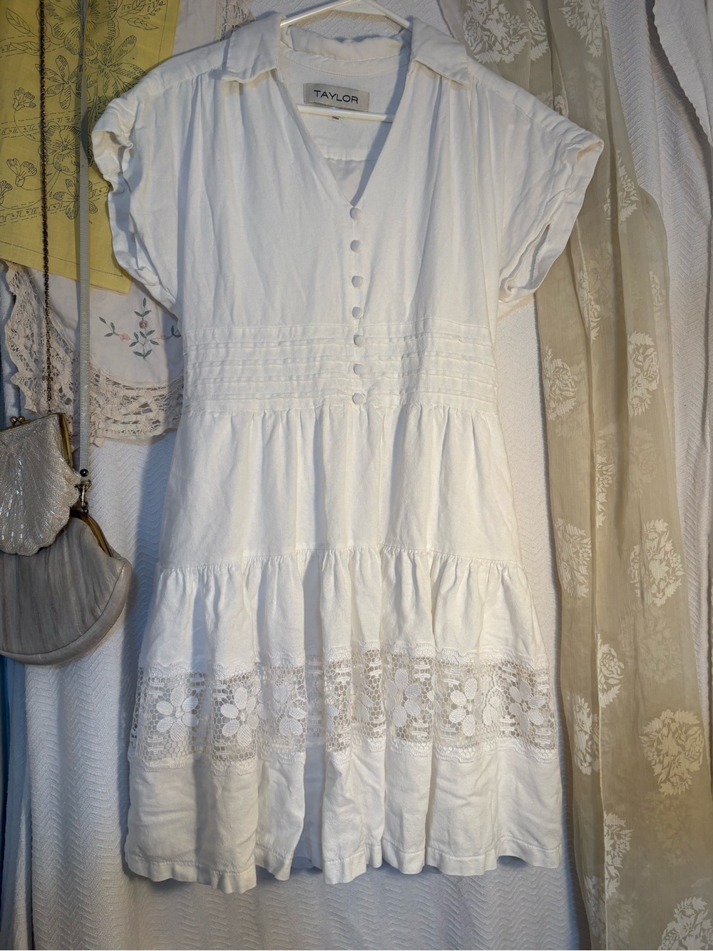 Taylor White Tiered Cotton Button-Front Mini Dress size 12